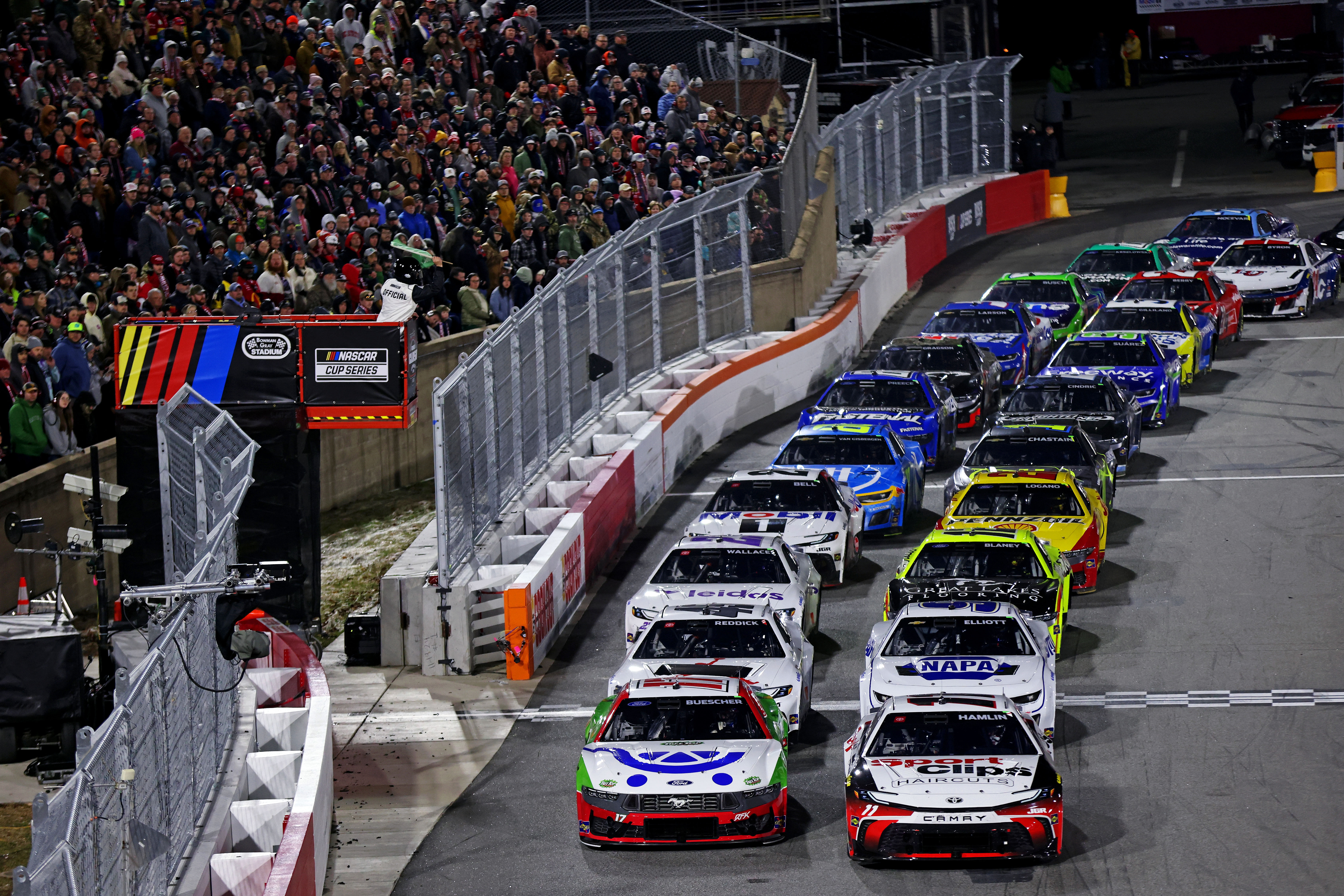 NASCAR Cup Series drivers Denny Hamlin (11) and Chris Buescher (17) lead the Clash at Bowman Gray. Source: Imagn